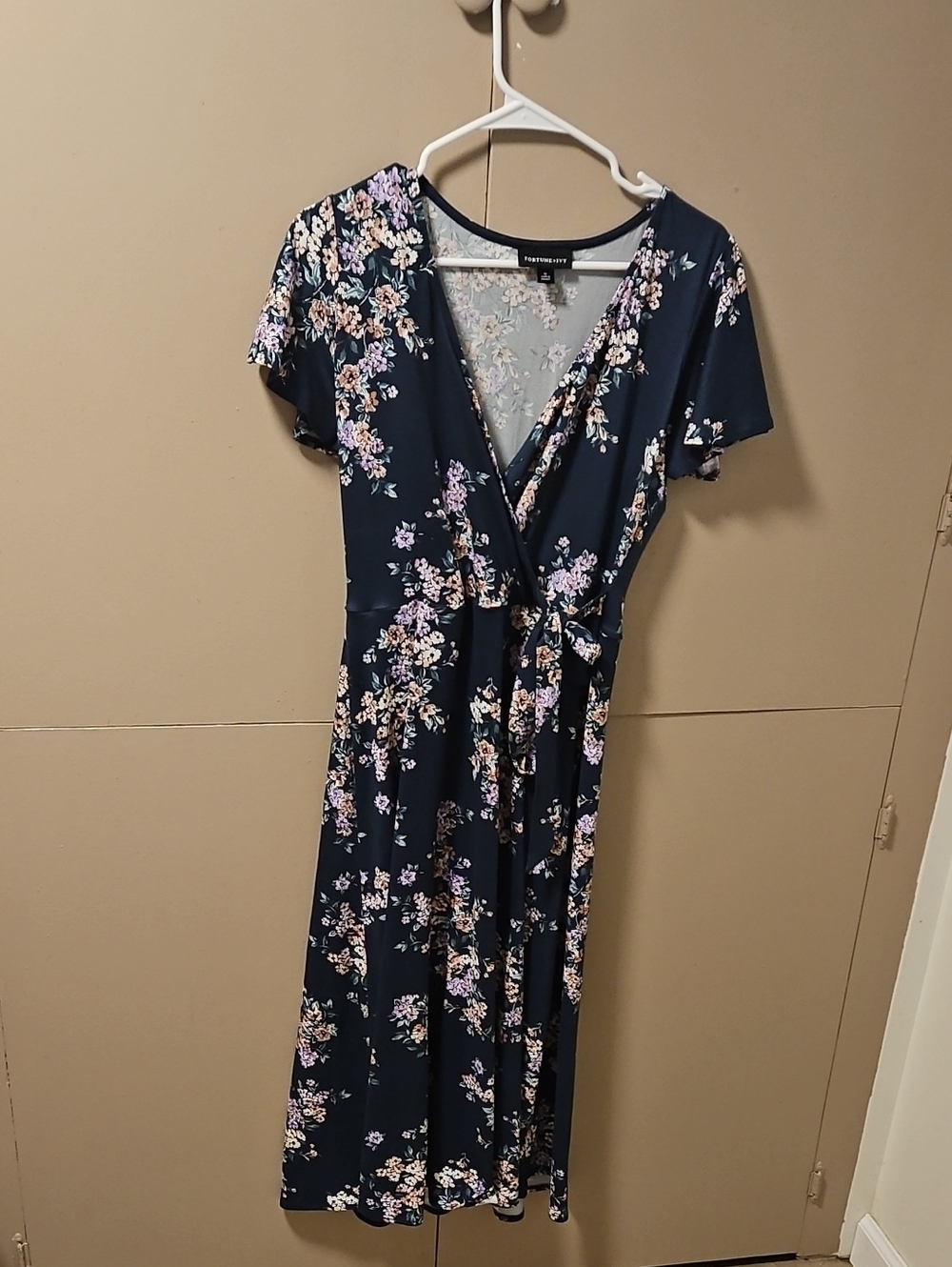 Navy Floral Wrap Midi Dress with Tie Waist